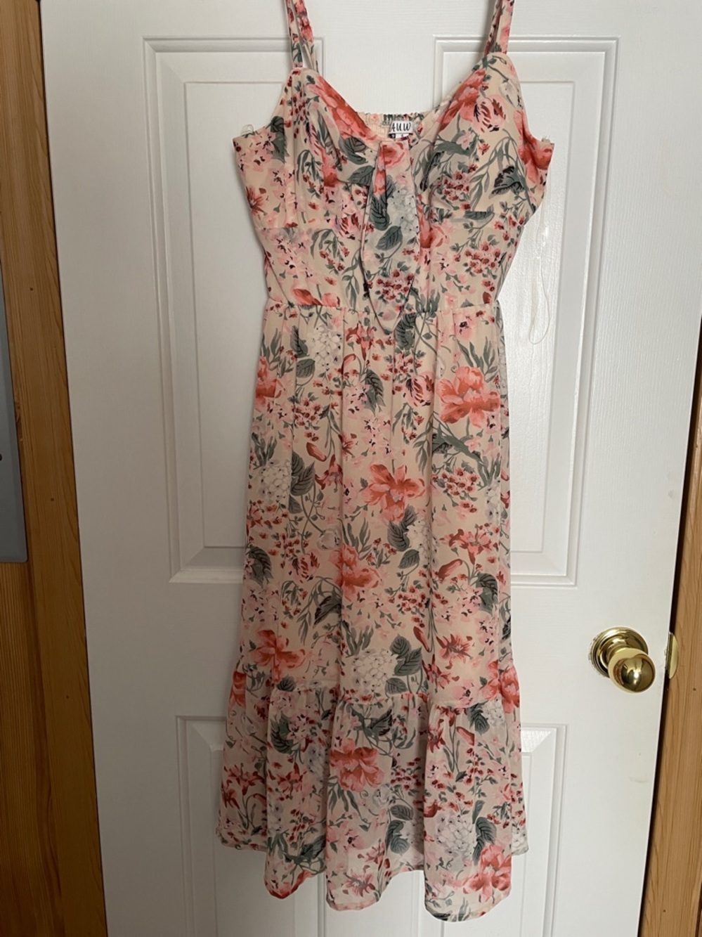 AUW Floral Tie-Front Dress in Coral, Sage, and Cream